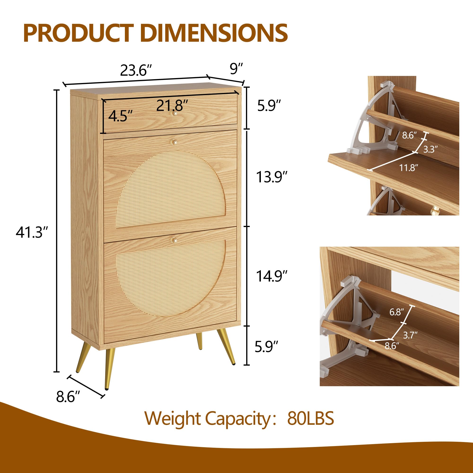 Meilocar Rattan Shoe Cabinet, 2 Flip Door Shoe Storage Cabinet with 1 Drawer Freestanding Slim Shoe Rack Storage Organizer with 3-Tier Adjustable Shelves for Entryway, Closet, Hallway (Natural)