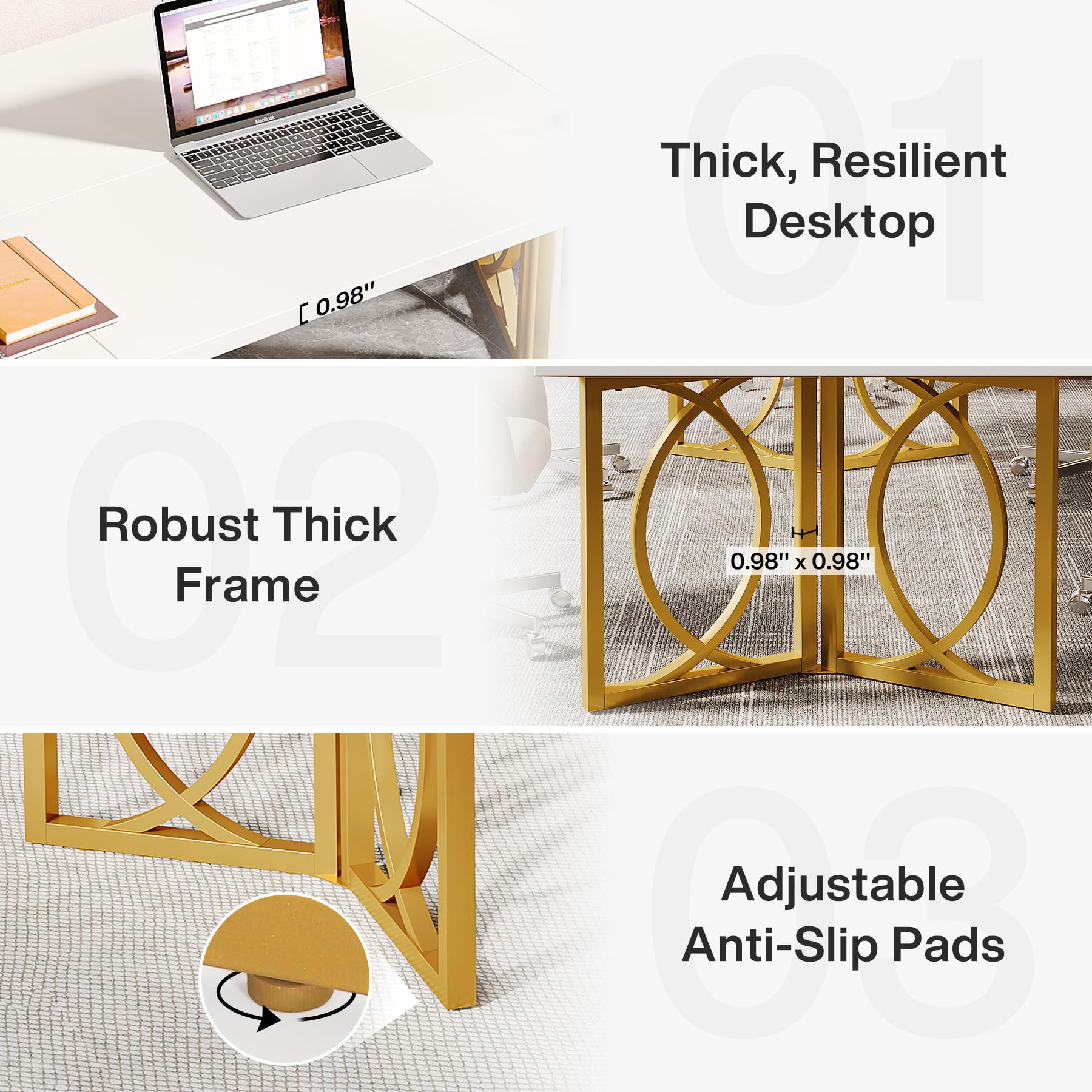 Tribesigns 70.9 inch Modern Simple Home Office Desk for Study, Large Computer Desk Office Desks Wood Study Writing Table Business Workstation with Golden Sturdy Metal Frame for Bedroom, White Gold