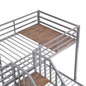 Harper & Bright Designs Metal Triple Bunk Bed with Storage Stairs, Twin Over Twin & Twin Bunk Bed for 3, Bunk Bed with Shelves for Kids Teens Adults, No Box Spring Needed,Silver