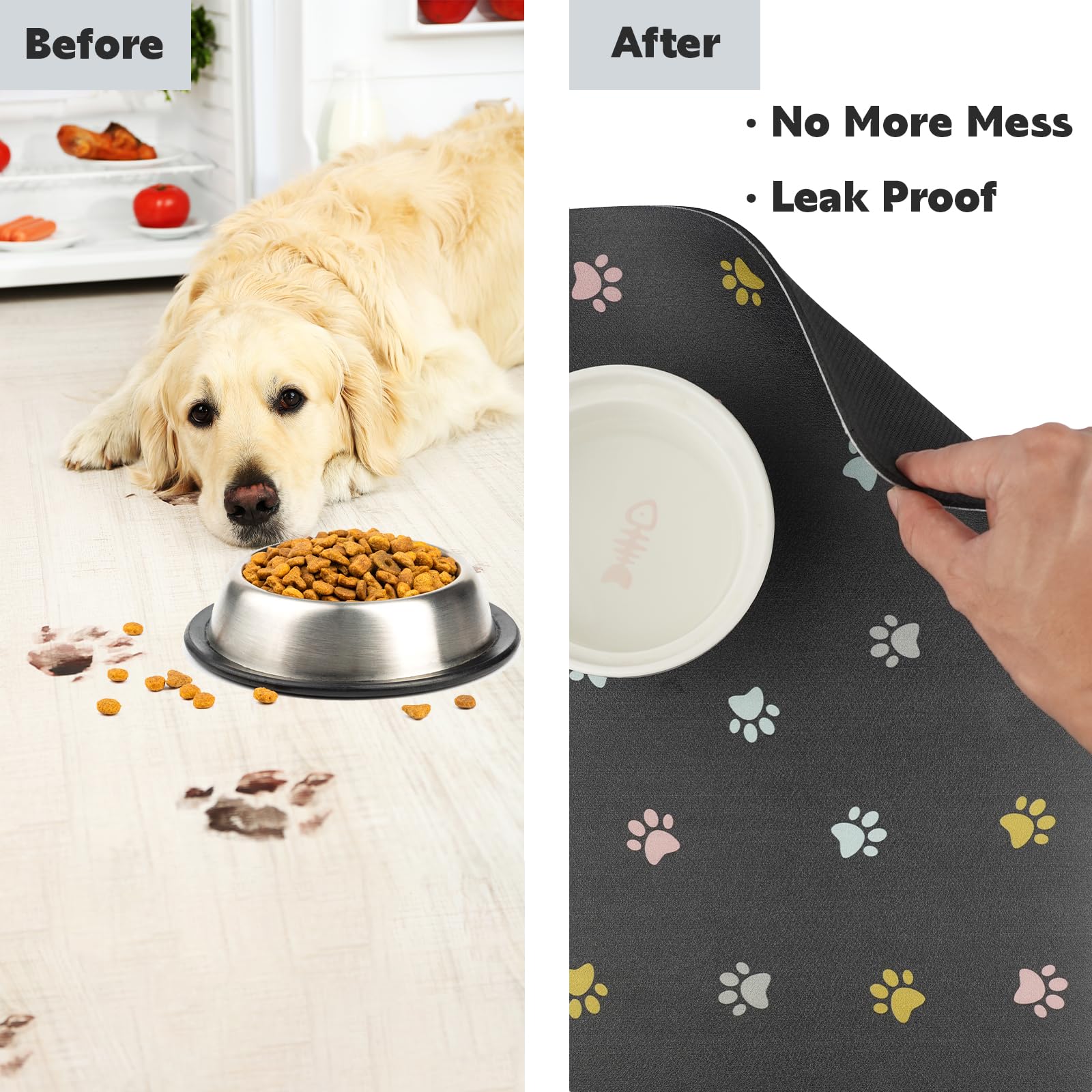 Yetstock Absorbent Pet Feeding Mat for Food and Water No Stains Quick Dry Mat for Dog Cat Bowl, Dark Paw Large16x24 Inches