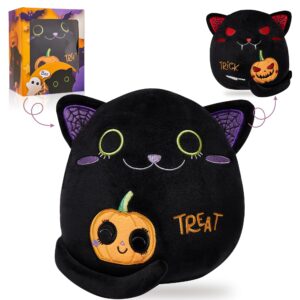 halloween black cat plush gifts - two-sided black cat halloween stuffed animal toy,trick or treat,9.4" soft stuffed black cat pumpkin throw pillow gift for kids birthday halloween decorations,1 piece