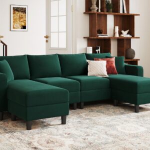 Belffin U Shaped Sectional Sofa Velvet Convertible Sofa with Reversible Chaises Sectional Couches with Ottomans for Living Room (Green)…