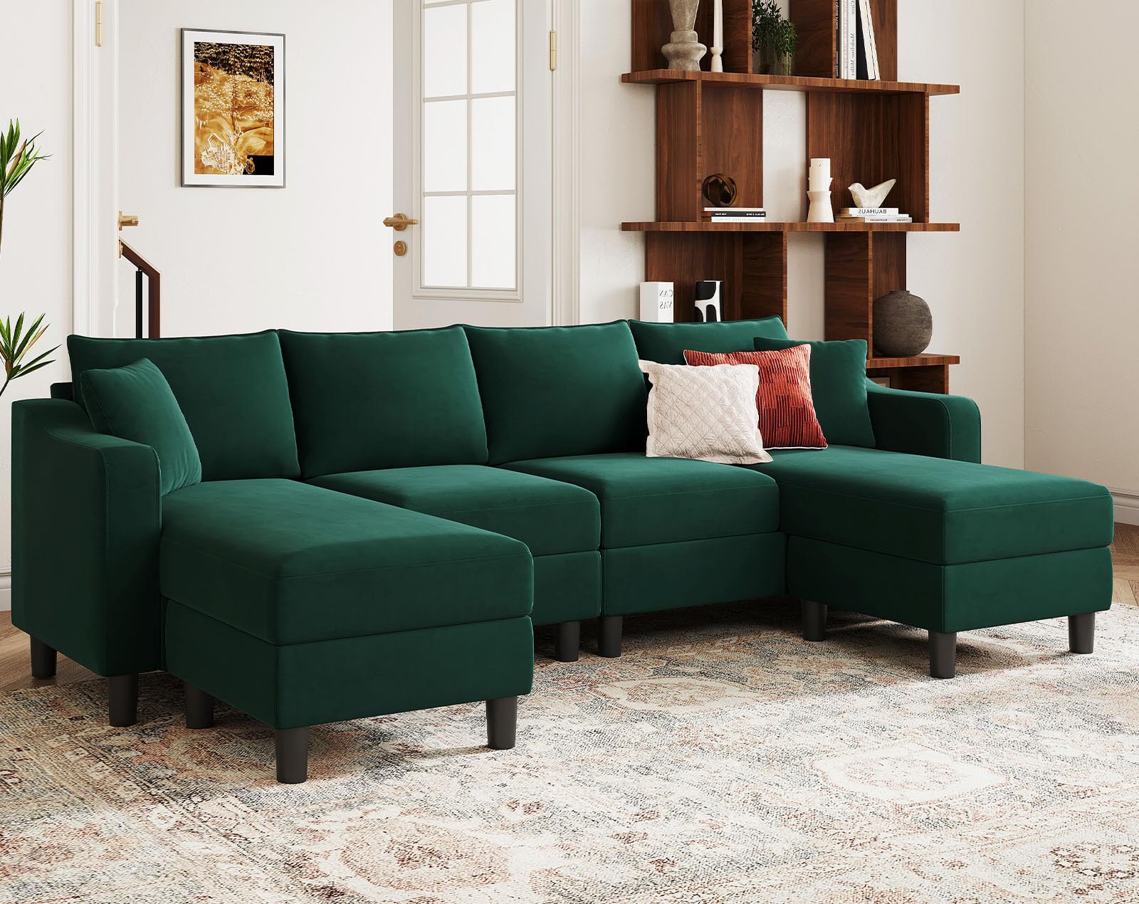 Belffin U Shaped Sectional Sofa Velvet Convertible Sofa with Reversible Chaises Sectional Couches with Ottomans for Living Room (Green)…