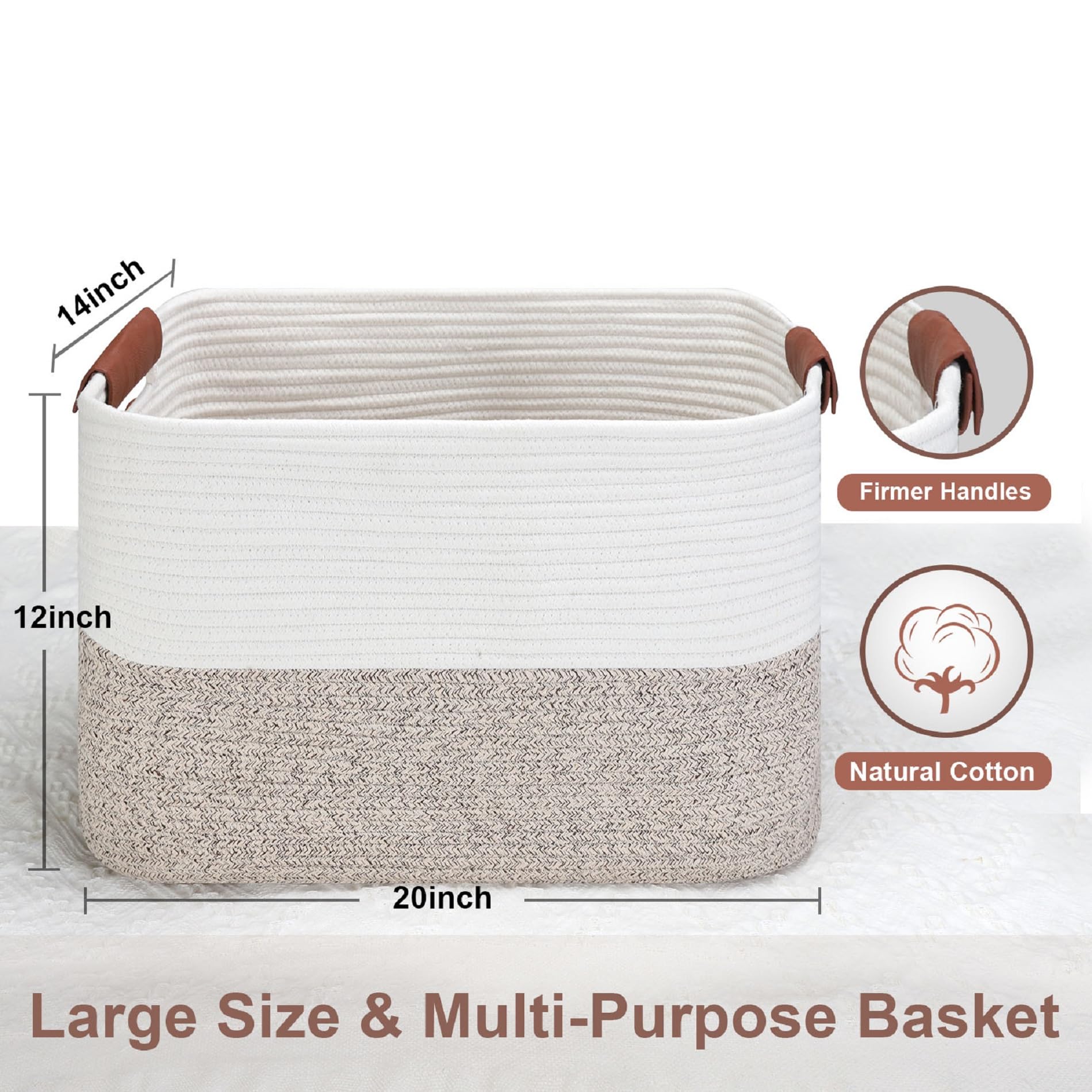 Large Storage Basket with Handles，20 "L x 14" W x 12 "H, Laundry Hamper Basket, Blanket Basket,Toy Storage Basket，Extra large cotton rope basket(Large Brown)