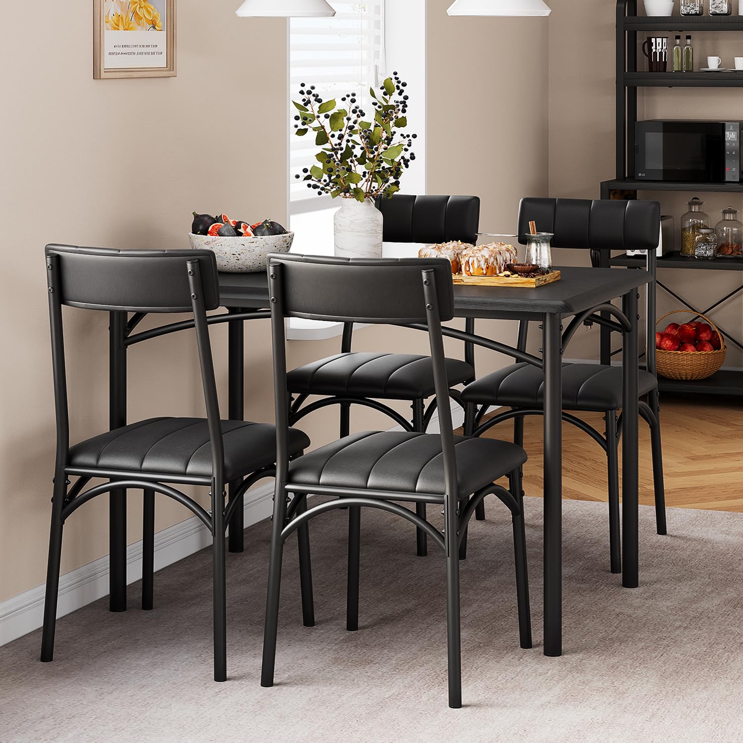 Amyove Kitchen Table and Chairs for 4, Dining Table Set for 4 with Upholstered Chairs, Rectangular Kitchen Table Set for Small Space, Apartment, Breakfast, Rustic Black