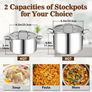 Rorence 8 QT Stainless Steel Stockpot,Large Stock pot with Clear Transparent Tempered Glass Lid for Soup Pasta Vegetable, Induction Cooking Pot for All Stoves, Oven & Dishwasher Safe