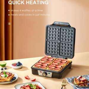 Belgian Waffle Maker 4 Slices, 1200W Waffle Iron, Anti-Overflow Waffle Iron with Browning Knob, Nonstick Plates, Indicator Lights, Silver/Black