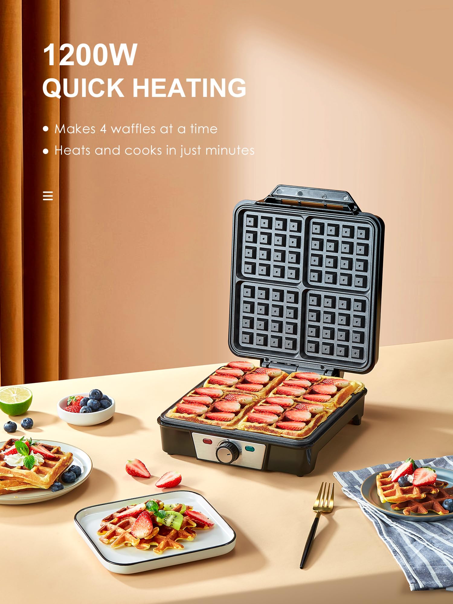 Belgian Waffle Maker 4 Slices, 1200W Waffle Iron, Anti-Overflow Waffle Iron with Browning Knob, Nonstick Plates, Indicator Lights, Silver/Black