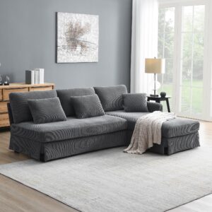 merax 87" l-shaped 4-seat corduroy sofa with reversible chaise, convertible sleeper couch with pillows, modern upholstered sectional indoor furniture for living room,apartment, gray