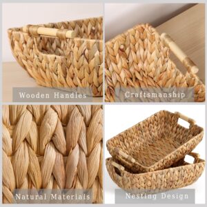 Water Hyacinth Storage Baskets with Wooden Handles，Large Wicker Baskets for Organizing Set of 2