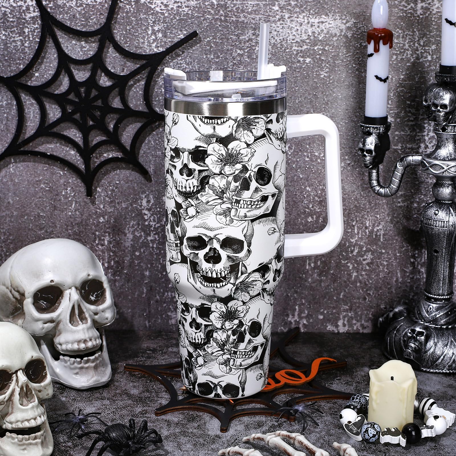 Whaline 40oz Halloween Tumbler with Straw and Lid Skull Travel Coffee Tumbler Cup with Handle for Trick or Treat Birthday Party Gifts