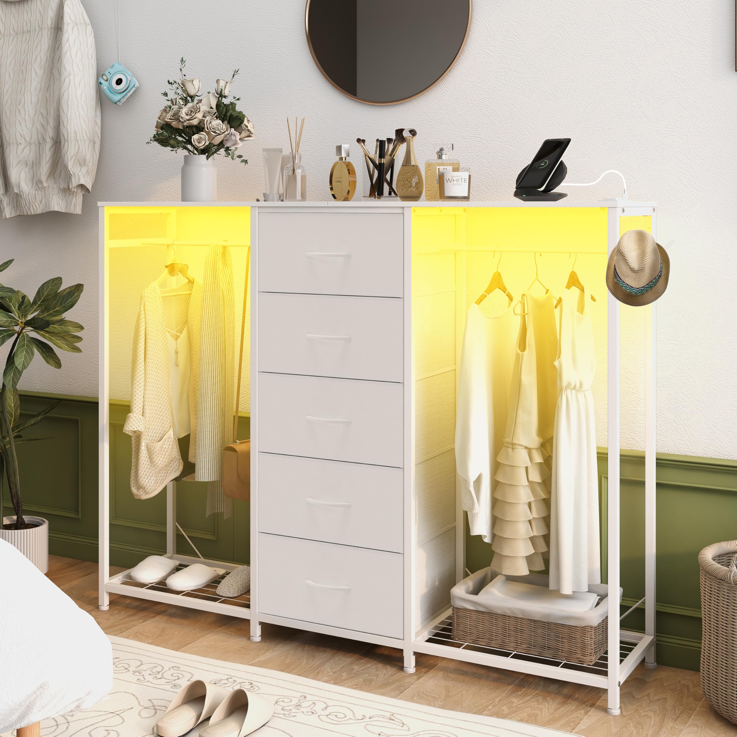 Espelism Dresser for Bedroom with Clothes Rack 5 Drawer Dresser with Charging Station LED Lights White Chest of Drawers Flexible Shelf and Open Storage Space for Bedroom Living Room (White)