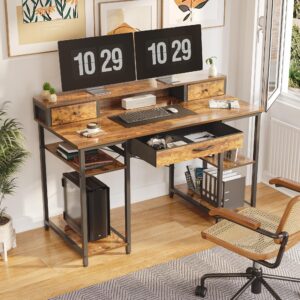 Treesland 47" Computer Desk with Monitor Shelf, Multifunctional Dual Tiers Office Desk, Sturdy Home Office Gaming Desk, Brown