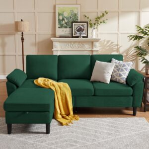 soscana sectional sofa,82" l shaped 3 seater couch with movable ottoman armrest pillow polyster fabre for small spaces, green