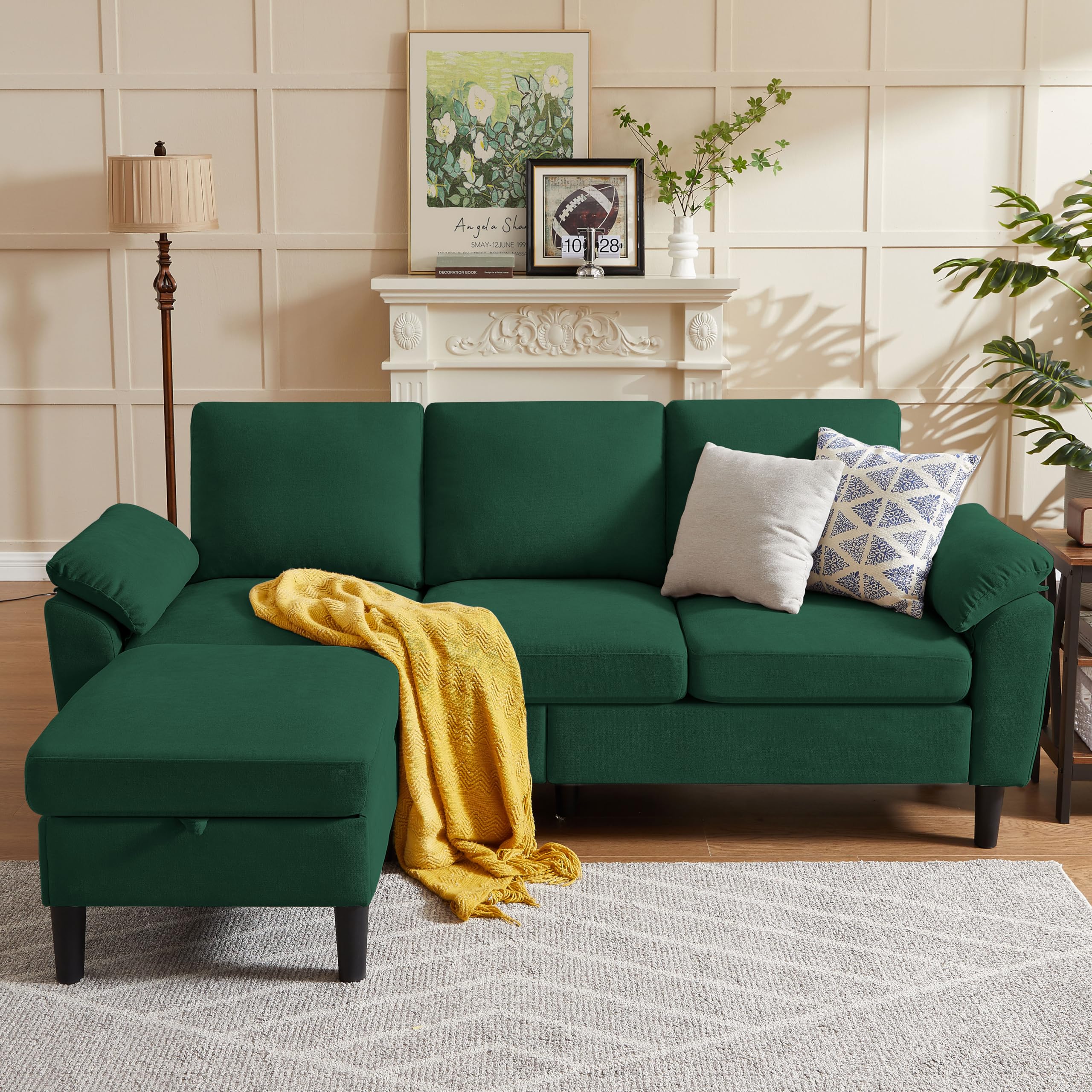 Soscana Sectional Sofa,82" L Shaped 3 Seater Couch with Movable Ottoman Armrest Pillow Polyster Fabre for Small Spaces, Green