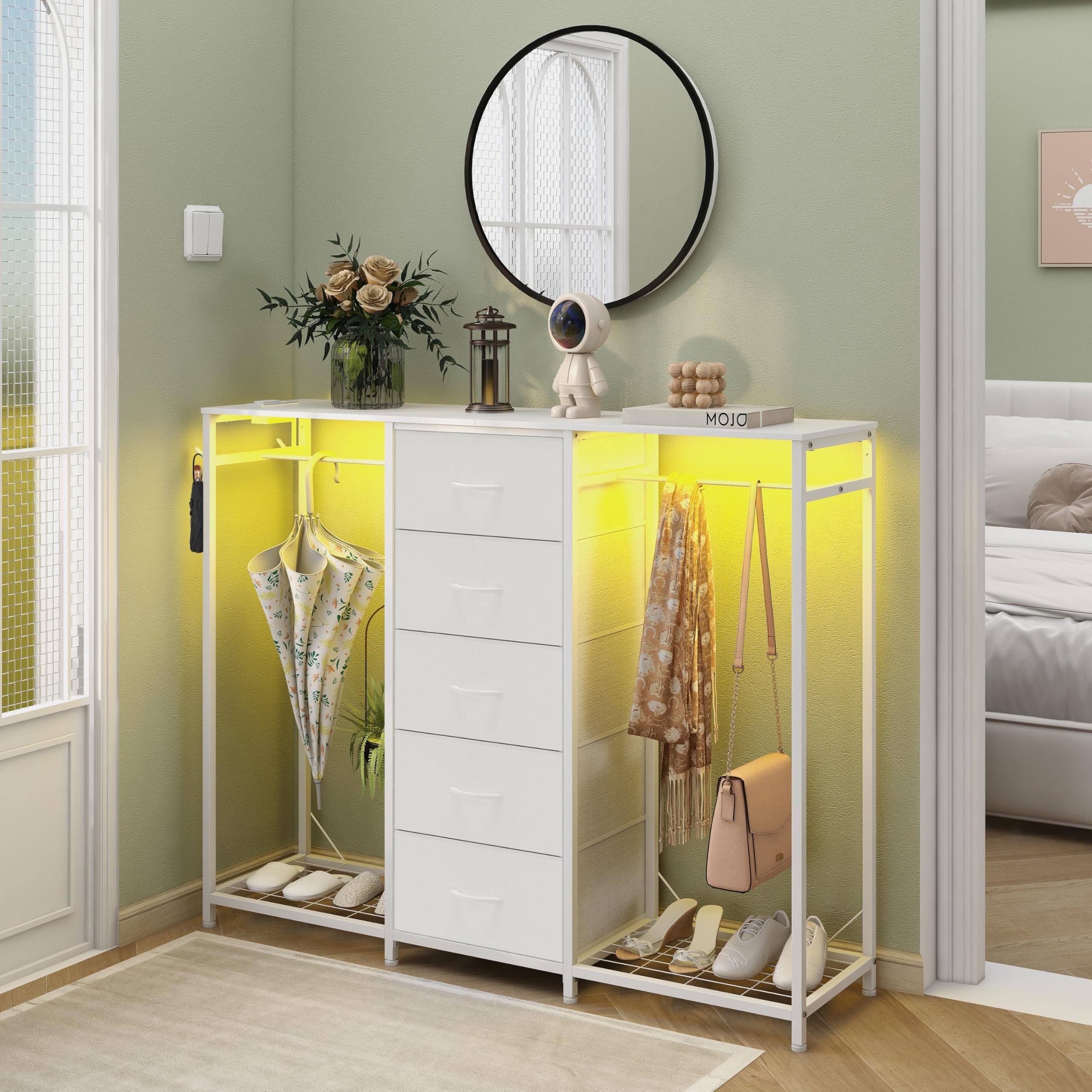 Espelism Dresser for Bedroom with Clothes Rack 5 Drawer Dresser with Charging Station LED Lights White Chest of Drawers Flexible Shelf and Open Storage Space for Bedroom Living Room (White)