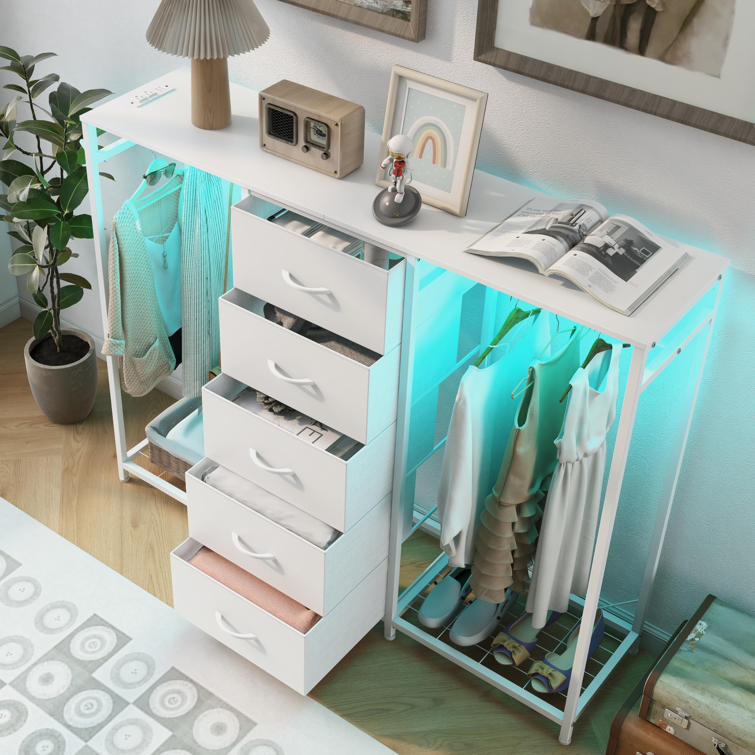 Espelism Dresser for Bedroom with Clothes Rack 5 Drawer Dresser with Charging Station LED Lights White Chest of Drawers Flexible Shelf and Open Storage Space for Bedroom Living Room (White)