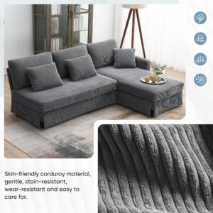 Merax 87" L-Shaped 4-seat Corduroy Sofa with Reversible Chaise, Convertible Sleeper Couch with Pillows, Modern Upholstered Sectional Indoor Furniture for Living Room,Apartment, Gray