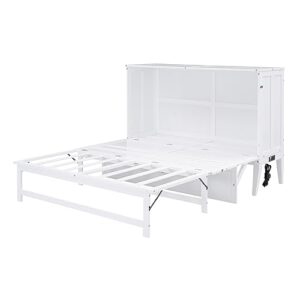 EOVTK Queen Size Murphy Cabinet Bed, Wood Foldable Murphy Cube Cabinet Bed Chest with Built-in Charging Station and a Shelf for Small Spaces, White