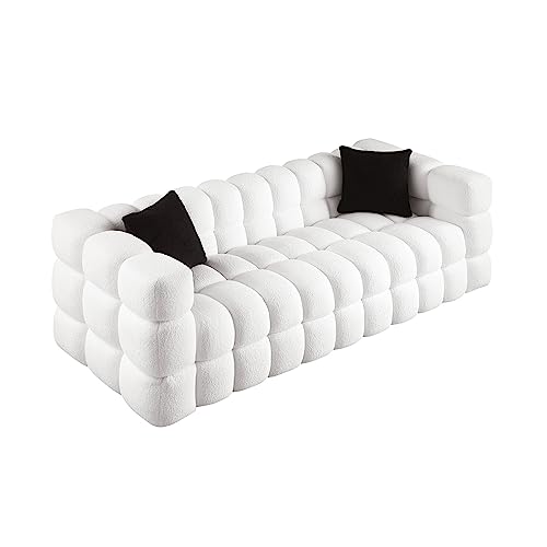 EOVTK 84.3" Marshmallow Sofa with Deep 3 Seats, Modern Boucle Fabric Tufted Cloud Sleeper Couch with 2 Pillows, for Living Room Apartment Office, White