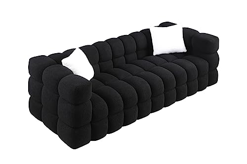 EOVTK 84.3" Marshmallow Sofa with Deep 3 Seats, Modern Boucle Fabric Tufted Cloud Sleeper Couch with 2 Pillows, for Living Room Apartment Office, Black