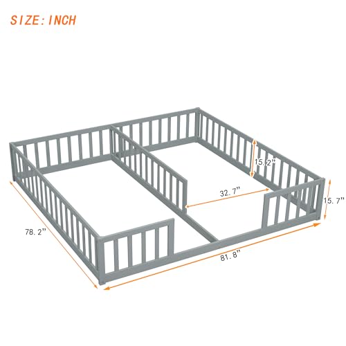 DEYOBED Double Bed, Twin Size Floor Bed with Fence and Guardrails, Minimalistic Wood Bed Without Door for Kids, Boys, Girls, Bedroom, 2 Twin Bed in One Design, Easy to Assemble, Gray