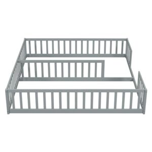 DEYOBED Double Bed, Twin Size Floor Bed with Fence and Guardrails, Minimalistic Wood Bed Without Door for Kids, Boys, Girls, Bedroom, 2 Twin Bed in One Design, Easy to Assemble, Gray