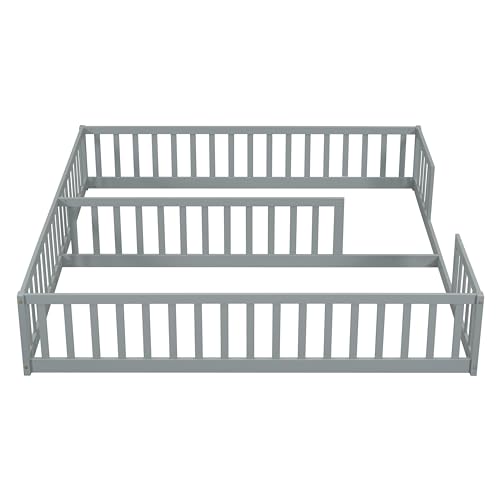 DEYOBED Double Bed, Twin Size Floor Bed with Fence and Guardrails, Minimalistic Wood Bed Without Door for Kids, Boys, Girls, Bedroom, 2 Twin Bed in One Design, Easy to Assemble, Gray