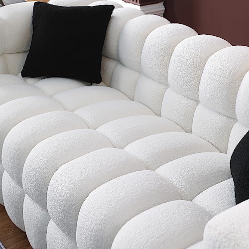 EOVTK 84.3" Marshmallow Sofa with Deep 3 Seats, Modern Boucle Fabric Tufted Cloud Sleeper Couch with 2 Pillows, for Living Room Apartment Office, White