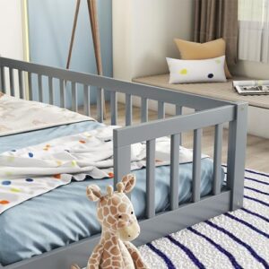 DEYOBED Double Bed, Twin Size Floor Bed with Fence and Guardrails, Minimalistic Wood Bed Without Door for Kids, Boys, Girls, Bedroom, 2 Twin Bed in One Design, Easy to Assemble, Gray