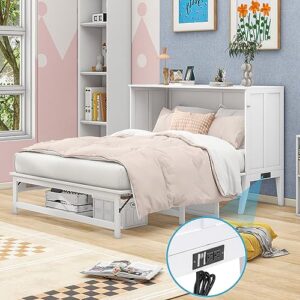 EOVTK Queen Size Murphy Cabinet Bed, Wood Foldable Murphy Cube Cabinet Bed Chest with Built-in Charging Station and a Shelf for Small Spaces, White