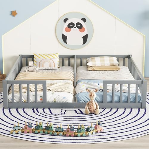 DEYOBED Double Bed, Twin Size Floor Bed with Fence and Guardrails, Minimalistic Wood Bed Without Door for Kids, Boys, Girls, Bedroom, 2 Twin Bed in One Design, Easy to Assemble, Gray