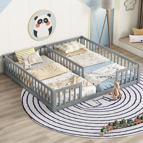 DEYOBED Double Bed, Twin Size Floor Bed with Fence and Guardrails, Minimalistic Wood Bed Without Door for Kids, Boys, Girls, Bedroom, 2 Twin Bed in One Design, Easy to Assemble, Gray