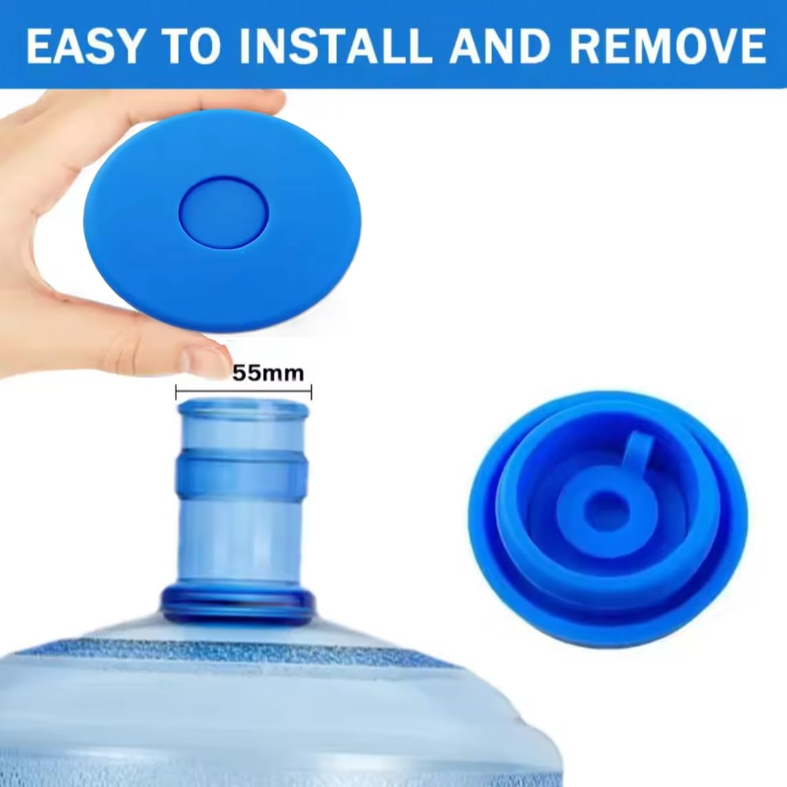 Unique Lot 4pcs 3 & 5 Gallon Water Jug Cap, Reusable 5 Gallon Water Jug Cover for Standard/Screw Tops, Silicone Leak Proof Lids for 55mm Bottles, Water Jug Lid {Blue}