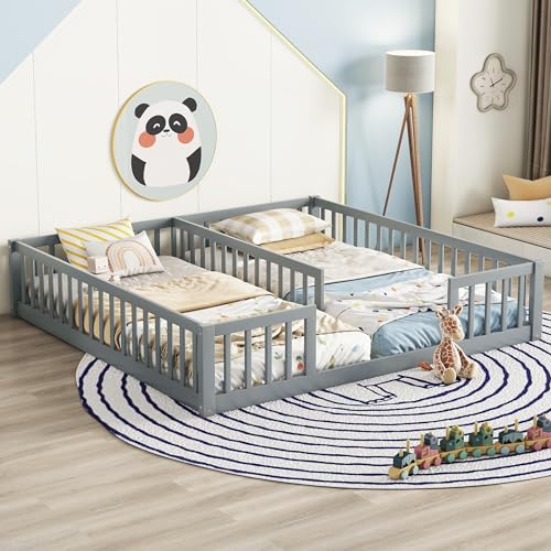 DEYOBED Double Bed, Twin Size Floor Bed with Fence and Guardrails, Minimalistic Wood Bed Without Door for Kids, Boys, Girls, Bedroom, 2 Twin Bed in One Design, Easy to Assemble, Gray