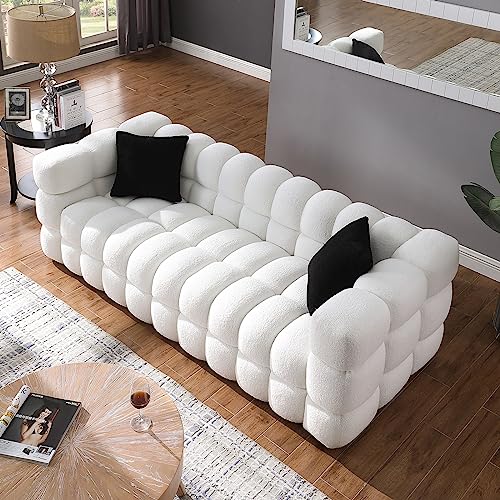 EOVTK 84.3" Deep Seat Cloud Sofa, Modern Comfy Marshmallow Sleeper Couch with 2 Pillows for Living Room Apartment Office, Boucle Fabric, White