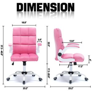 Desk Chair Comfy Office Chair Velvet Home Office Chair Ergonomic Executive Chair, Comfortable Computer Chair with Wheels Swivel Flip-up Arms, Faux Fur Chair with Back Support (Pink, Small)