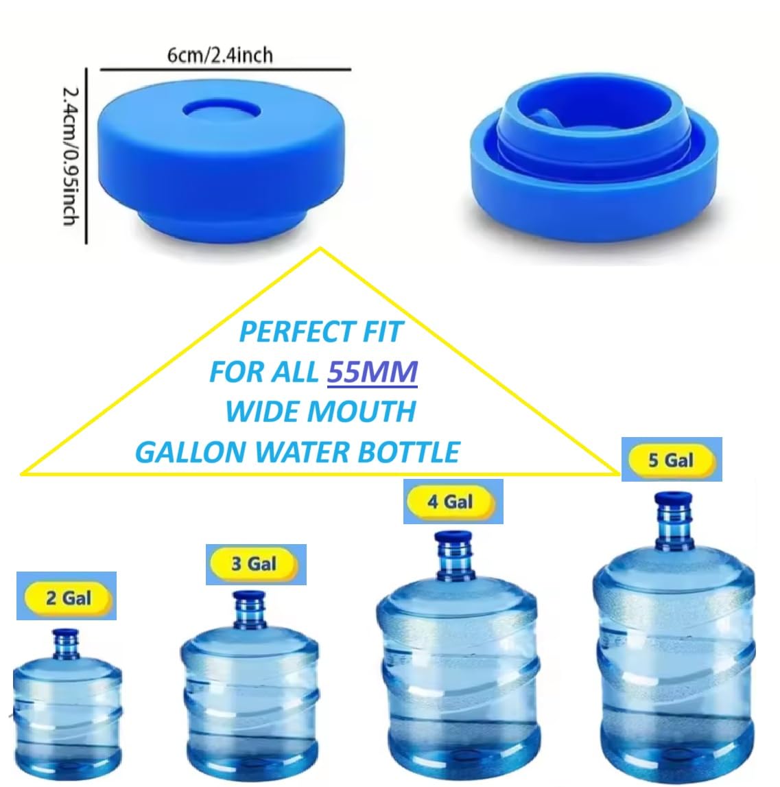 Unique Lot 4pcs 3 & 5 Gallon Water Jug Cap, Reusable 5 Gallon Water Jug Cover for Standard/Screw Tops, Silicone Leak Proof Lids for 55mm Bottles, Water Jug Lid {Blue}