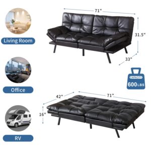 MUUEGM 71" Sofa Bed with Memory Foam,Futon Sofa Bed with Adjust Backrest and Armrest, Couches for Living Room,Studios, Apartments, Dormitories, Offices and Game Rooms. Black Leather Sofa