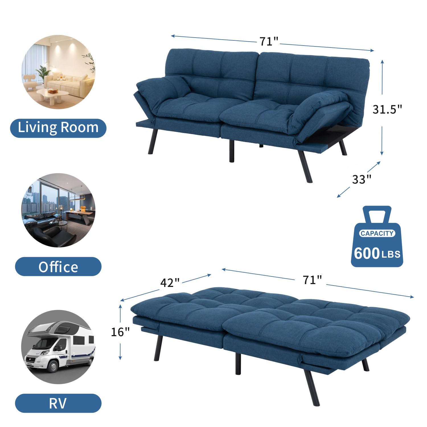 MUUEGM 71" Sofa Bed with Memory Foam,Futon Sofa Bed with Adjust Backrest and Armrest, Couches for Living Room,Studios, Apartments, Dormitories, Offices and Game rooms. Blue Sofa