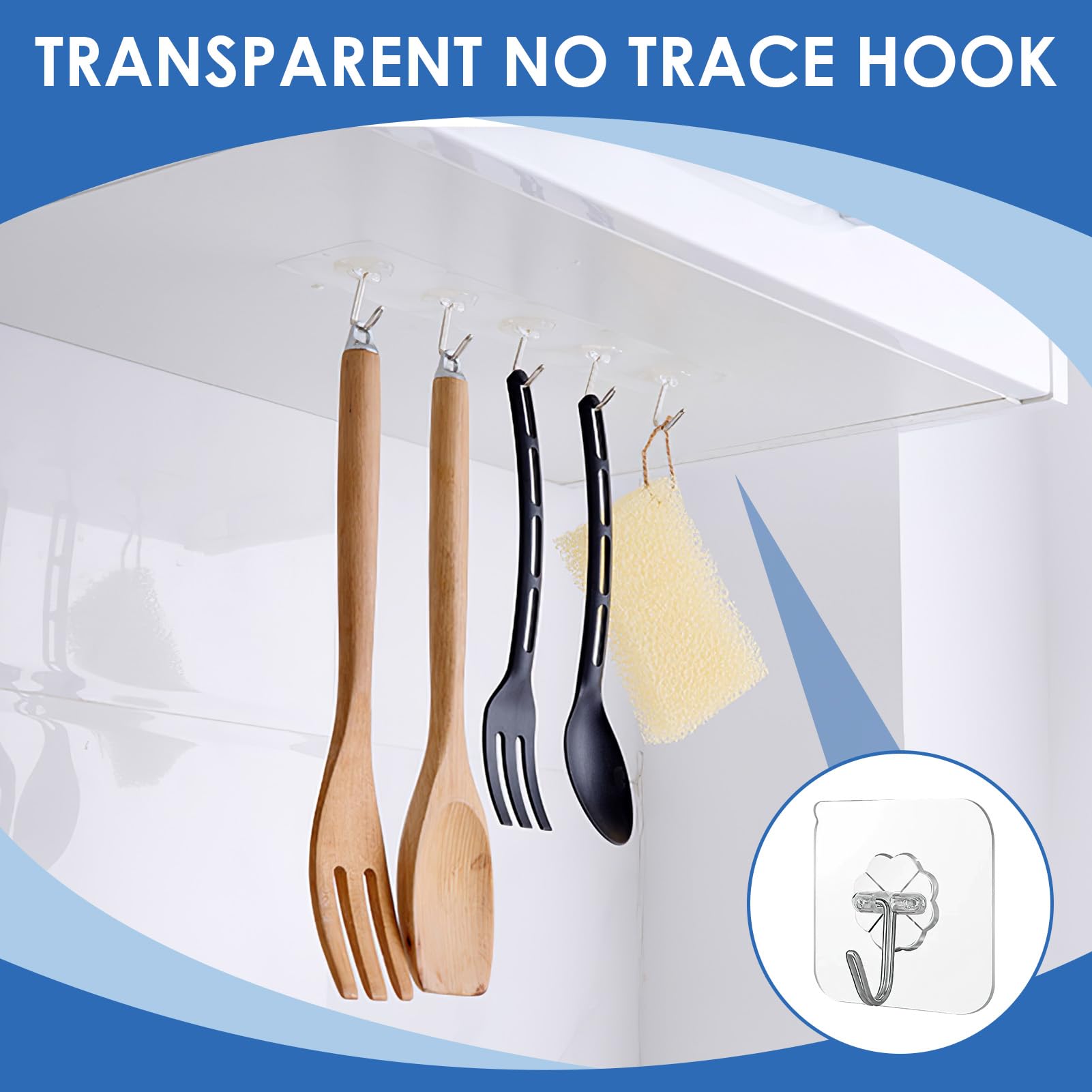 hoeslaw Self Adhesive Wall Hooks, 30 Pcs Heavy Duty Hooks for Hanging 15lbs(Max) No Damage, Transparent Seamless Waterproof Rustproof Stainless Steel Bathroom Shower Outdoor Kitchen Towel Coats Hooks