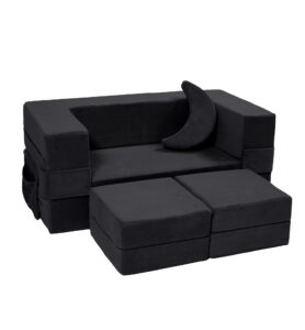 elftopia modular kids sofa,toddler couch foam armchair for kids, children convertible plush sofa play set,fold out sofa bed(black)