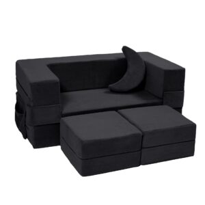 Elftopia Modular Kids Sofa,Toddler Couch Foam Armchair for Kids, Children Convertible Plush Sofa Play Set,Fold Out Sofa Bed(Black)