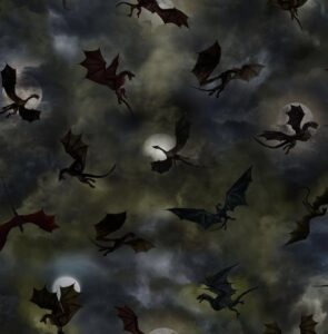 dragon's lair by timeless treasures multicolor dragon silhouettes and moons cotton fabric by the yard, cd2494-grey