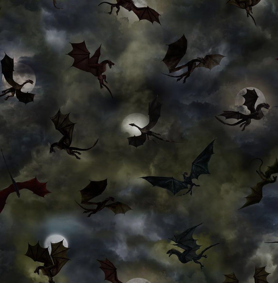 Dragon's Lair by Timeless Treasures Multicolor Dragon Silhouettes and Moons Cotton Fabric by The Yard, CD2494-GREY