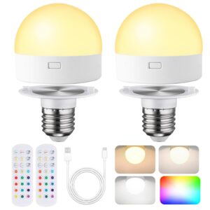 gernehop rechargeable light bulbs with remote control, battery operated light bulb for sconce and lamp, 3 color temperature dimmable e26 wireless detachable led charging bulb,2 pack