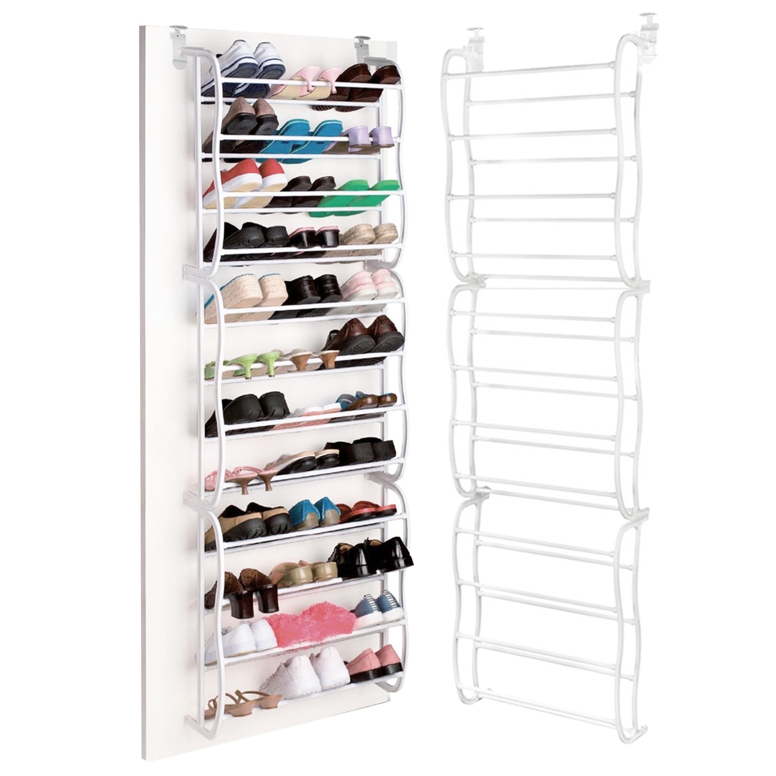 Zorpupoa Over the Door Shoe Rack, 12 Layers 36 Pair Shoes Wall Hanging Shelf Storage Shoe Organizer, Fold-up Non-slip Bars, White