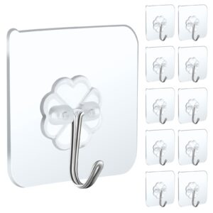 anffeary 10 packs wall hooks for hanging heavy duty 22lb(max), waterproof transparent self adhesive wall hooks sticky hooks wall hangers for door bathroom shower kitchen outdoor utility hooks hanger