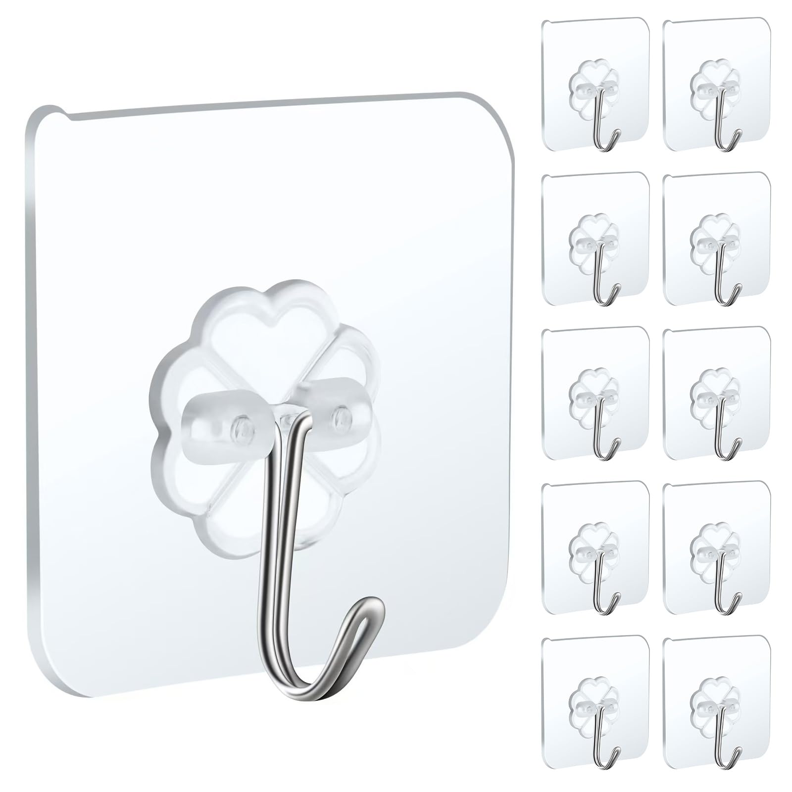 Anffeary 10 Packs Wall Hooks for Hanging Heavy Duty 22lb(Max), Waterproof Transparent Self Adhesive Wall Hooks Sticky Hooks Wall Hangers for Door Bathroom Shower Kitchen Outdoor Utility Hooks Hanger