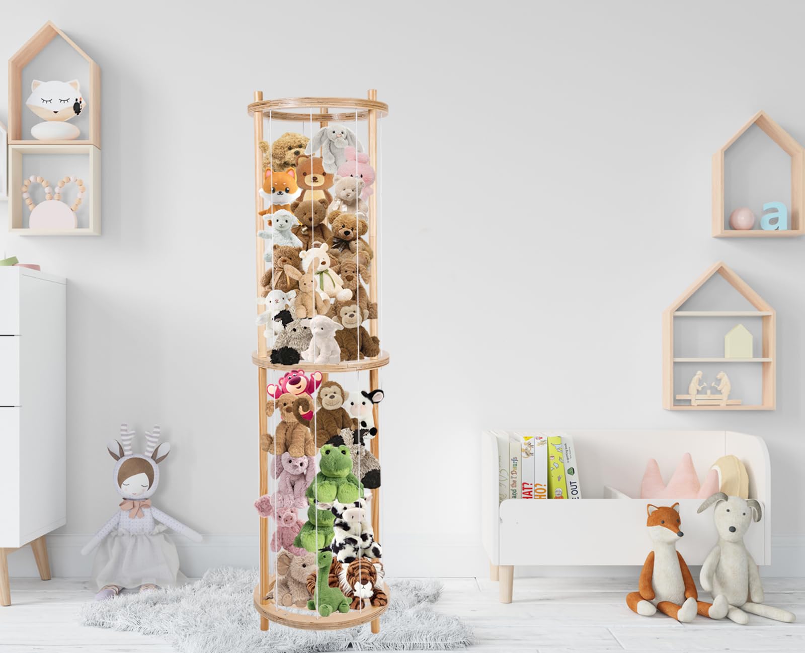 Vechor Round Animal Zoo Storage, Soft Toy Organizer, Solid Wood Zoo Cage for Plush Toys, Stuffed Animals Holder for Bedroom Playroom Nursery Room.